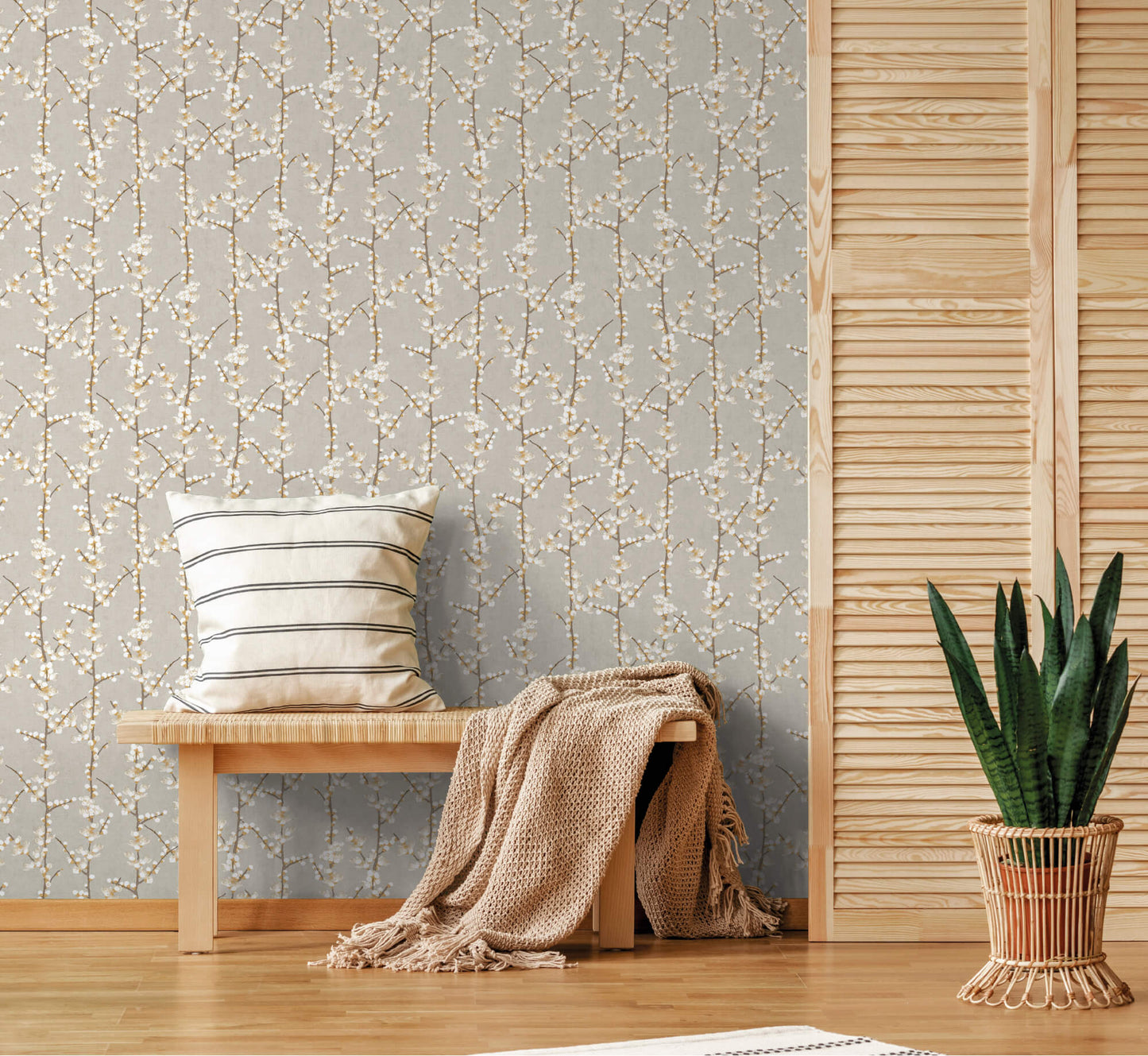 Spring Blossom Sakura Row Wallpaper in Beige