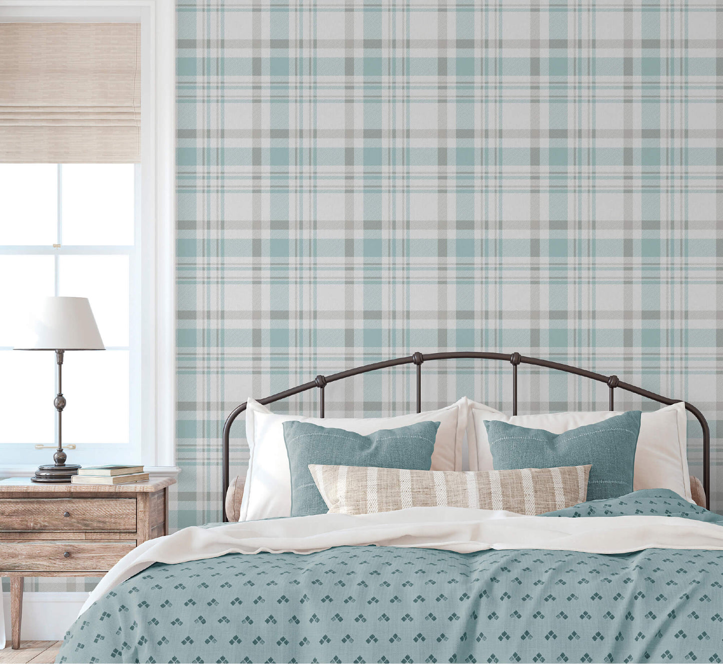 Spring Blossom Plaid Wallpaper in Green/Yellow