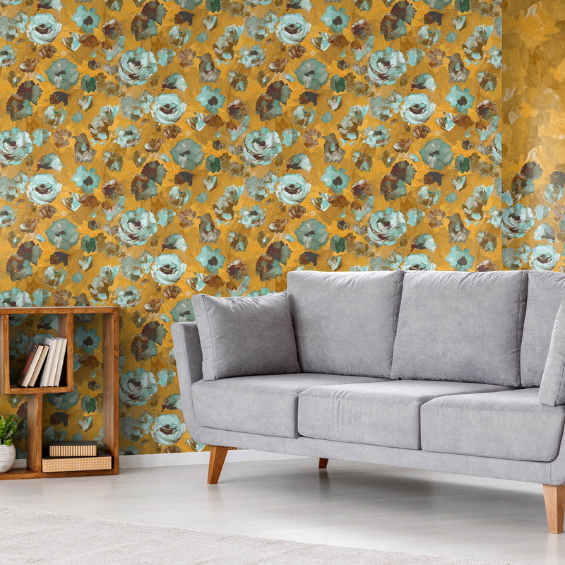 Paeonia Wallpaper in Teal Gold