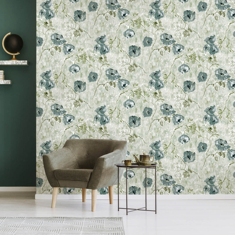 Petunia Wallpaper in Steel Blue Sage