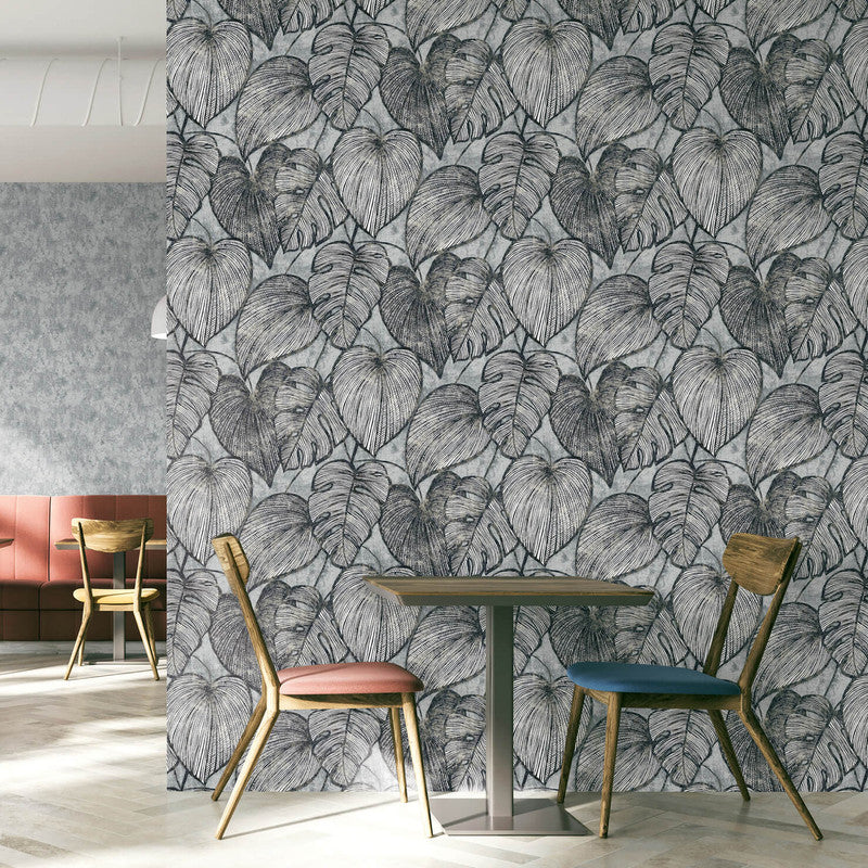 Monstera Wallpaper in Black Mid Lead