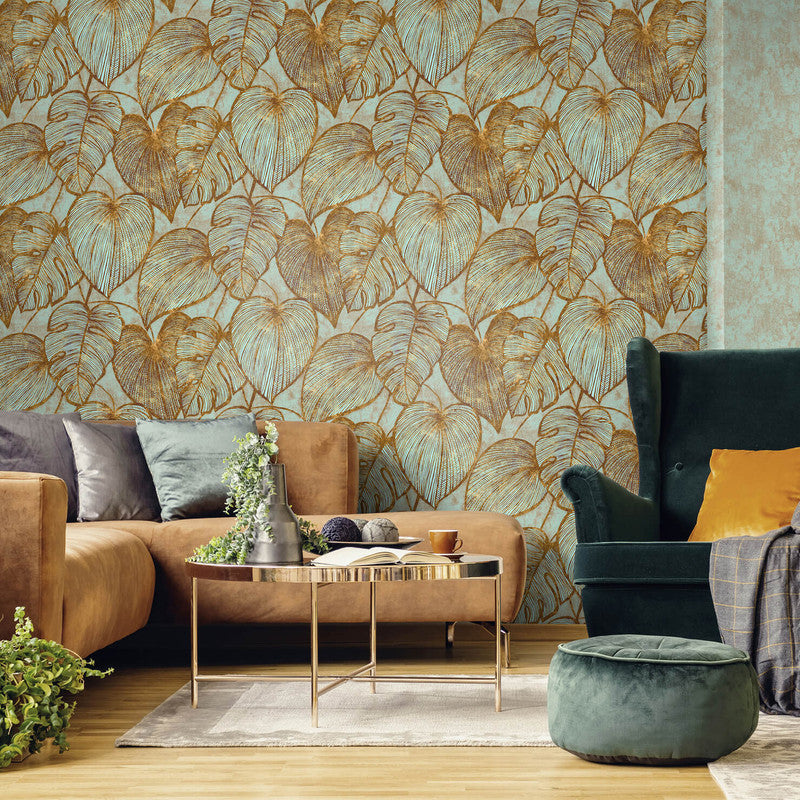 Monstera Wallpaper in Gold Teal