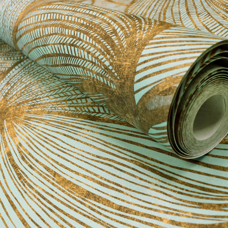 Monstera Wallpaper in Gold Teal