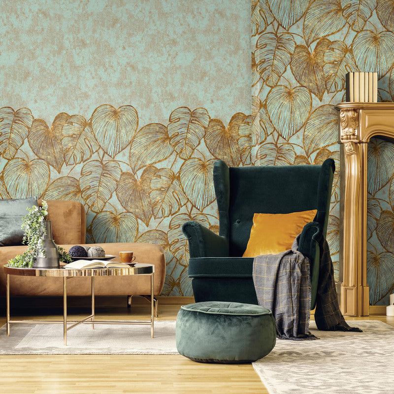 Monstera Twinwall Wall Mural in Gold Teal
