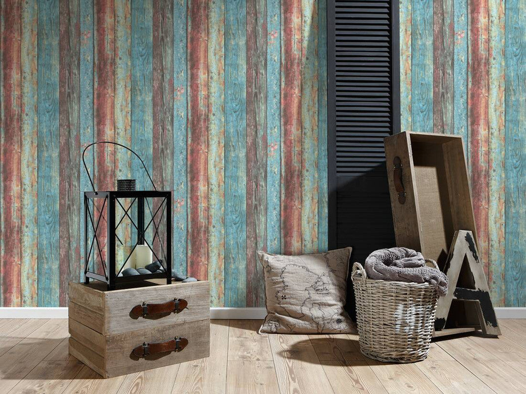 Wood Deco Weathered Wallpaper in Blue Multi