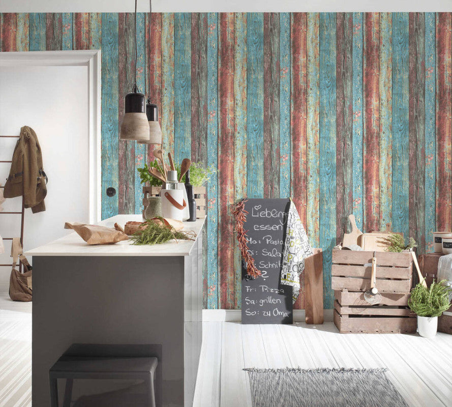 Wood Deco Weathered Wallpaper in Blue Multi