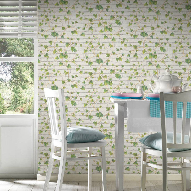 Brick & Vine Wallpaper in Green/White