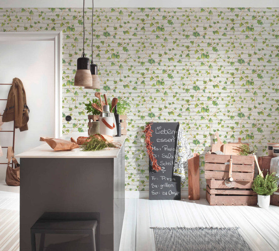 Brick & Vine Wallpaper in Green/White