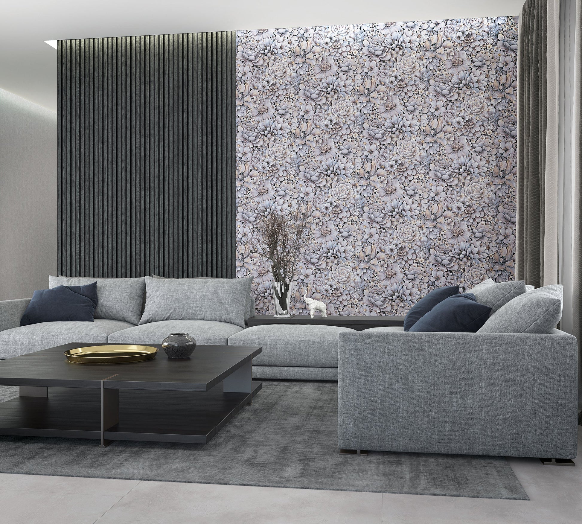 Floral Texture Blue/Grey/White Wallpaper from Eden Collection by Galerie Wallcoverings