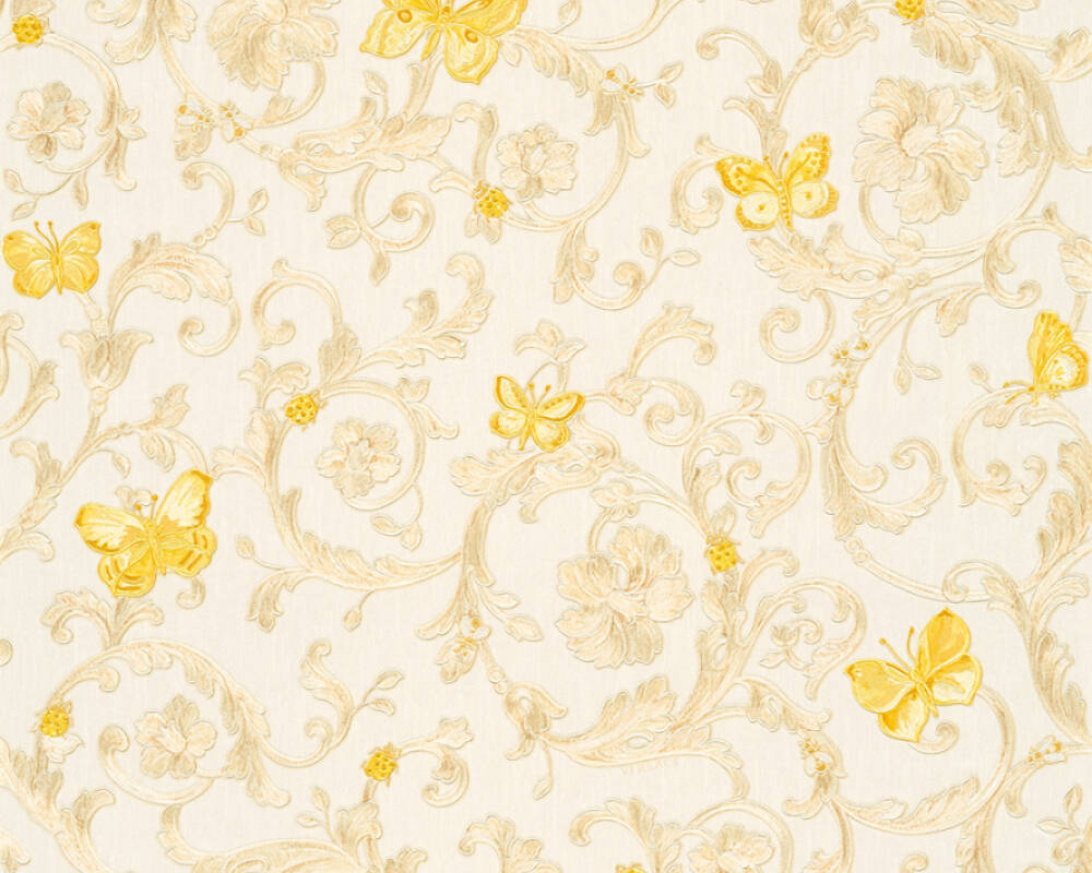 Classic Scrollwork Damask Butterflies Textured Wallpaper in Cream/Gold