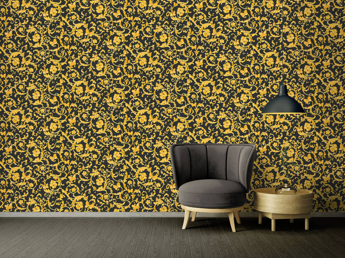 Classic Scrollwork Damask Butterflies Textured Wallpaper in Black/Gold