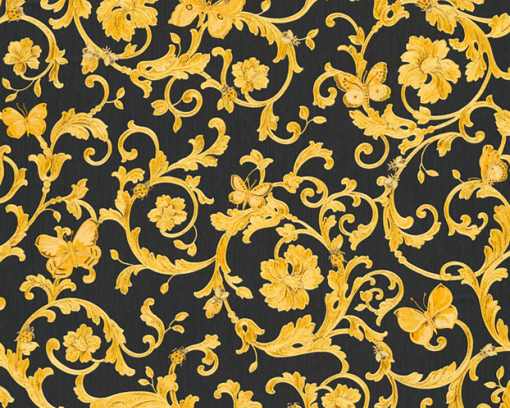 Classic Scrollwork Damask Butterflies Textured Wallpaper in Black/Gold