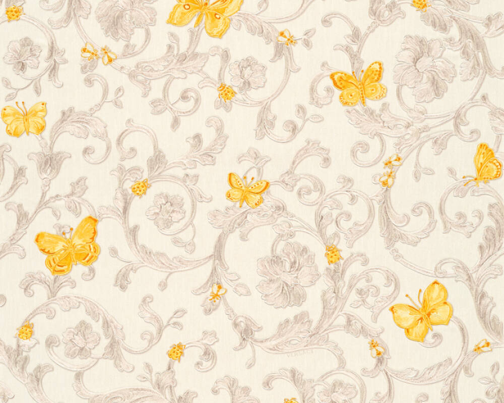 Classic Scrollwork Damask Butterflies Textured Wallpaper in Cream/Yellow