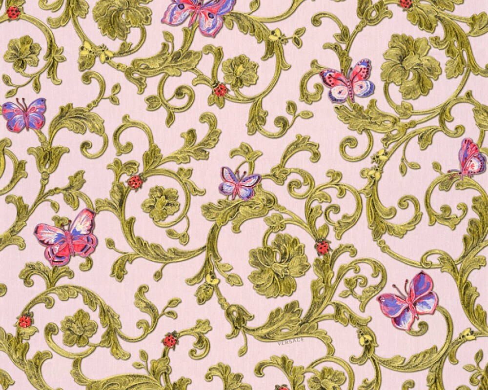 Classic Scrollwork Damask Butterflies Textured Wallpaper in Pink/Gold