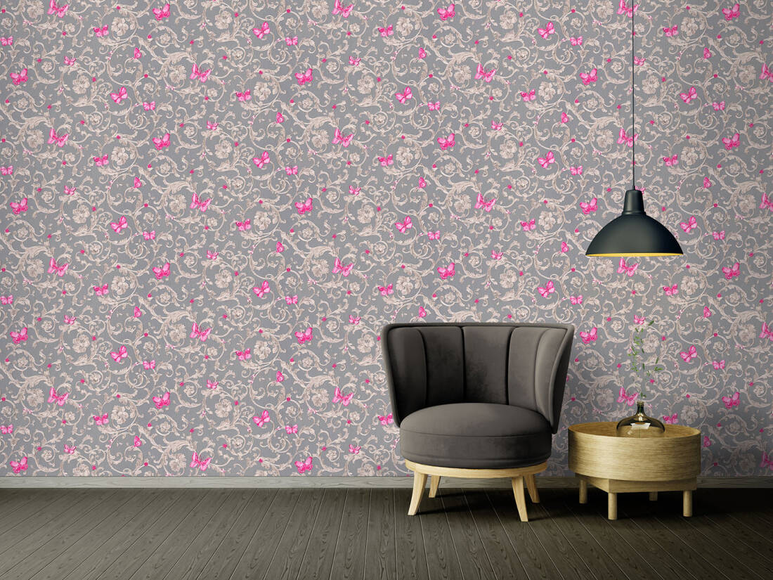 Classic Scrollwork Damask Butterflies Textured Wallpaper in Grey/Purple