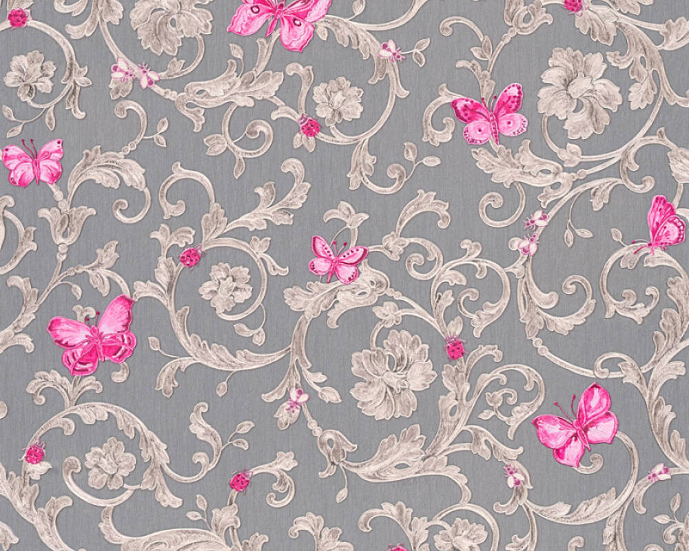 Classic Scrollwork Damask Butterflies Textured Wallpaper in Grey/Purple