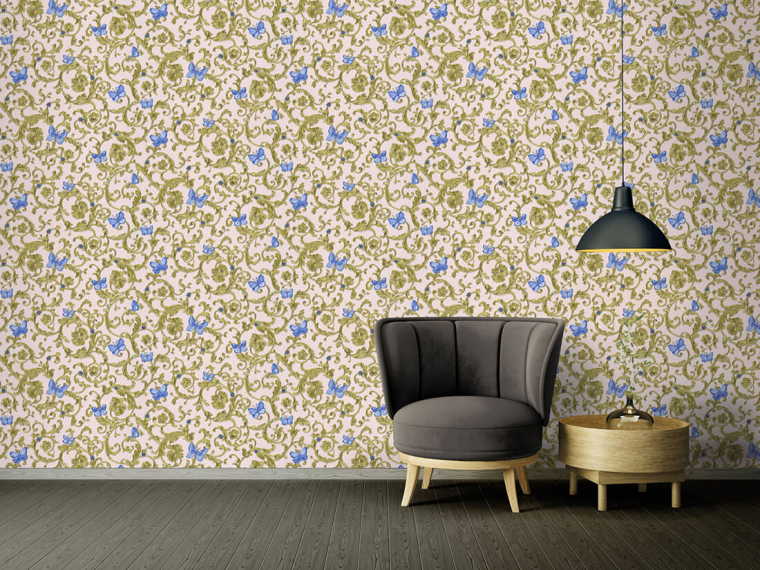 Classic Scrollwork Damask Butterflies Textured Wallpaper in Blue/Pink