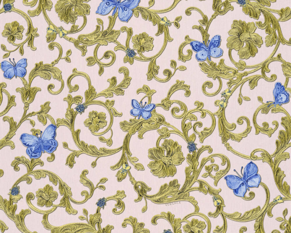 Classic Scrollwork Damask Butterflies Textured Wallpaper in Blue/Pink