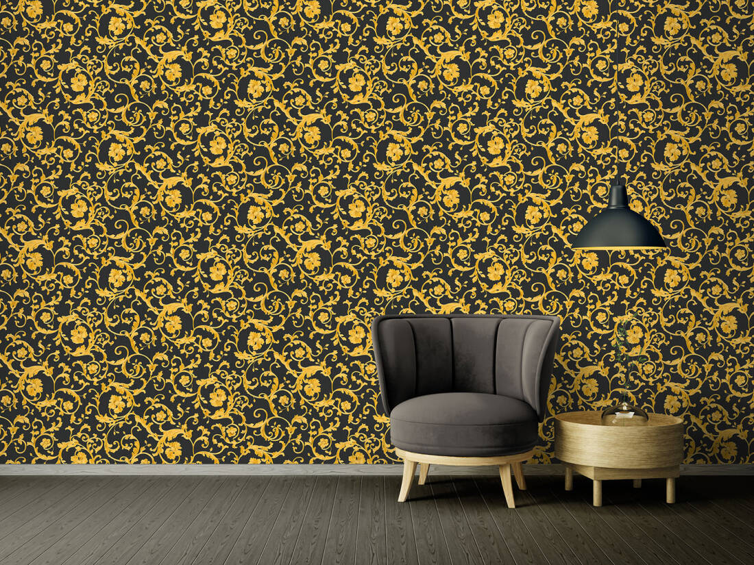 Damask Scrollwork Floral Textured Wallpaper in Black/Gold