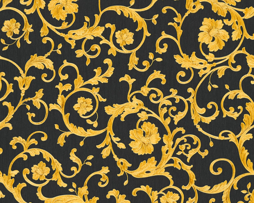 Damask Scrollwork Floral Textured Wallpaper in Black/Gold