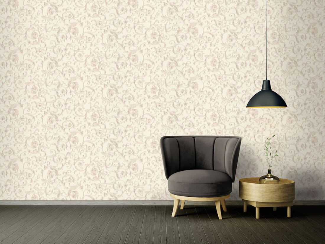 Damask Scrollwork Floral Textured Wallpaper in Beige/Metallic