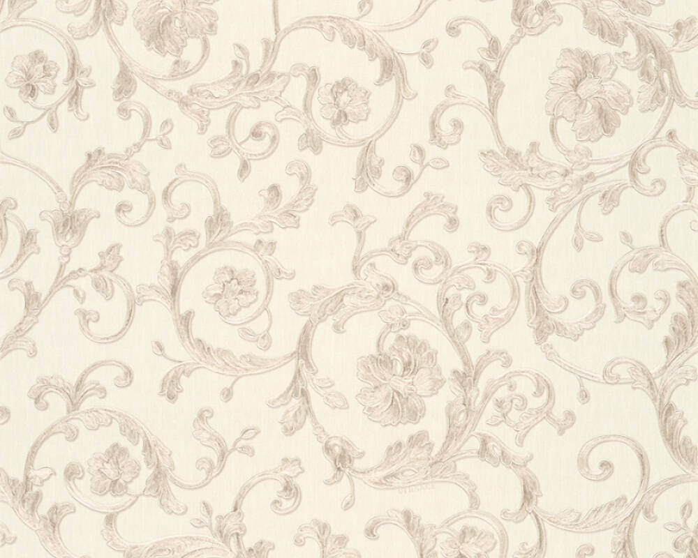 Damask Scrollwork Floral Textured Wallpaper in Beige/Metallic