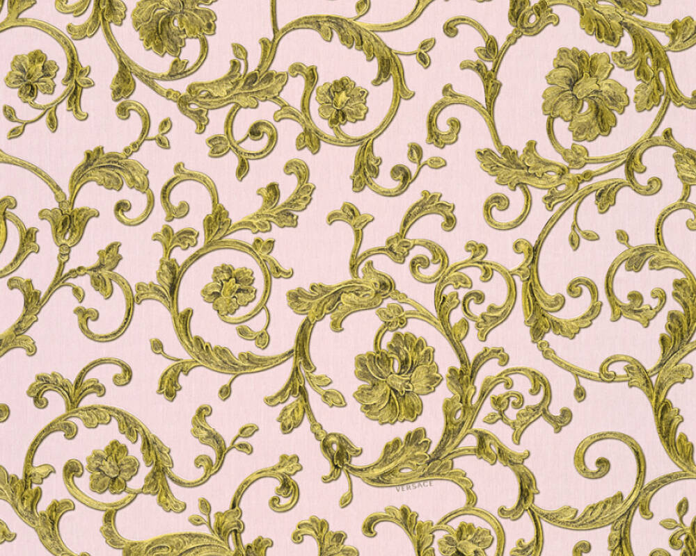 Damask Scrollwork Floral Textured Wallpaper in Pink/Gold