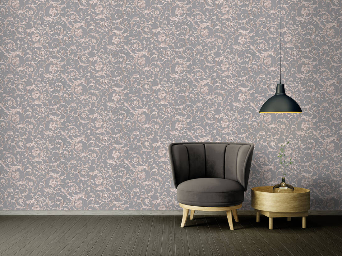 Damask Scrollwork Floral Textured Wallpaper in Grey/Metallic