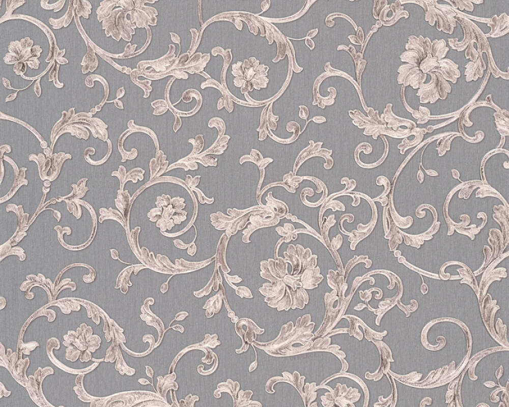 Damask Scrollwork Floral Textured Wallpaper in Grey/Metallic