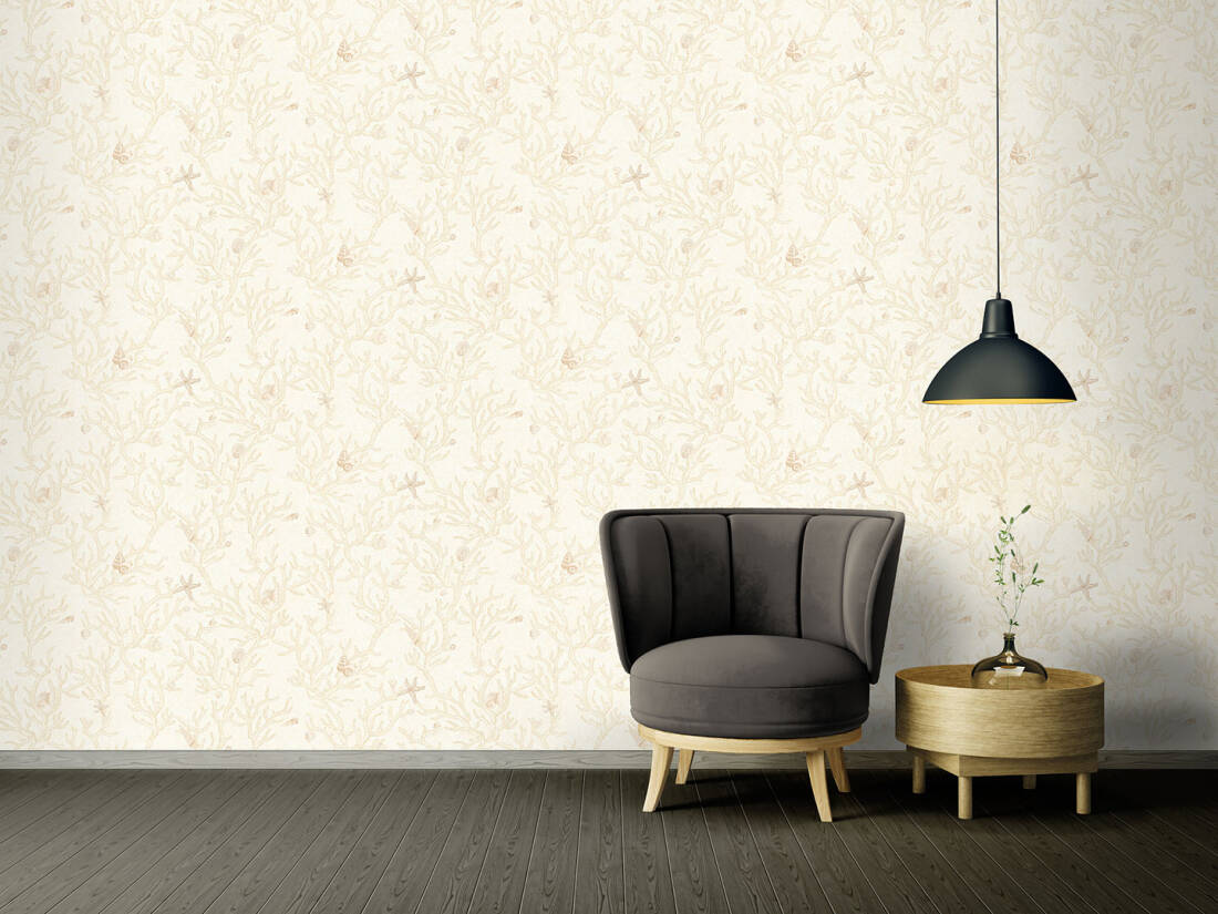 Floral Corals Seashells Textured Wallpaper in Cream/Metallic