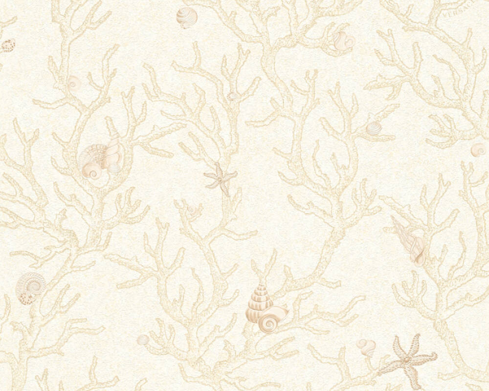 Floral Corals Seashells Textured Wallpaper in Cream/Metallic