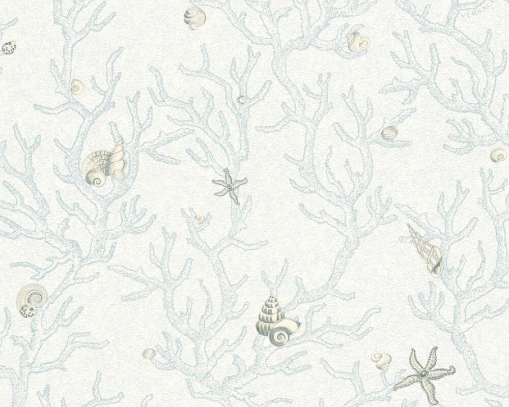 Floral Corals Seashells Textured Wallpaper in Blue/Metallic