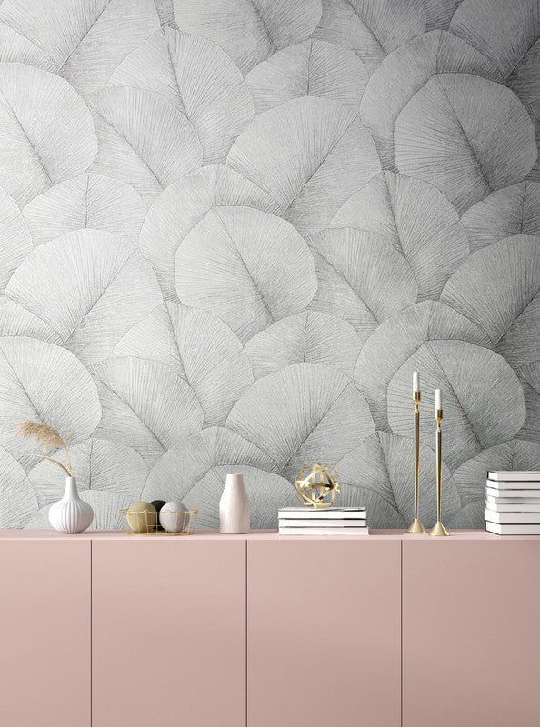 Palm Leaf Wallpaper in Soft Grey