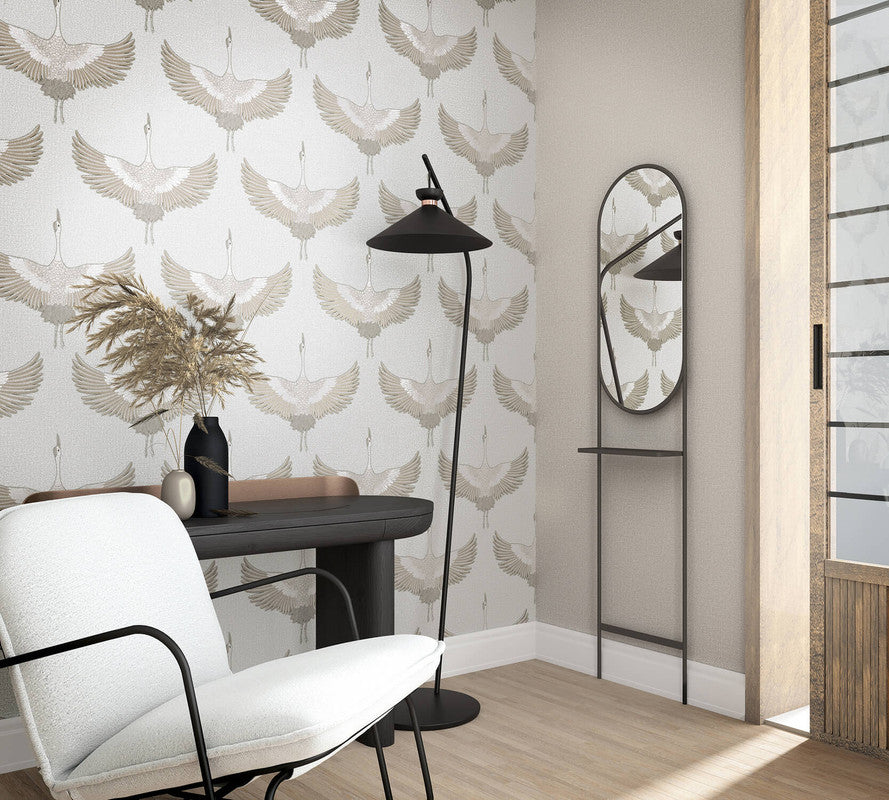 Stork Wallpaper in White/Beige