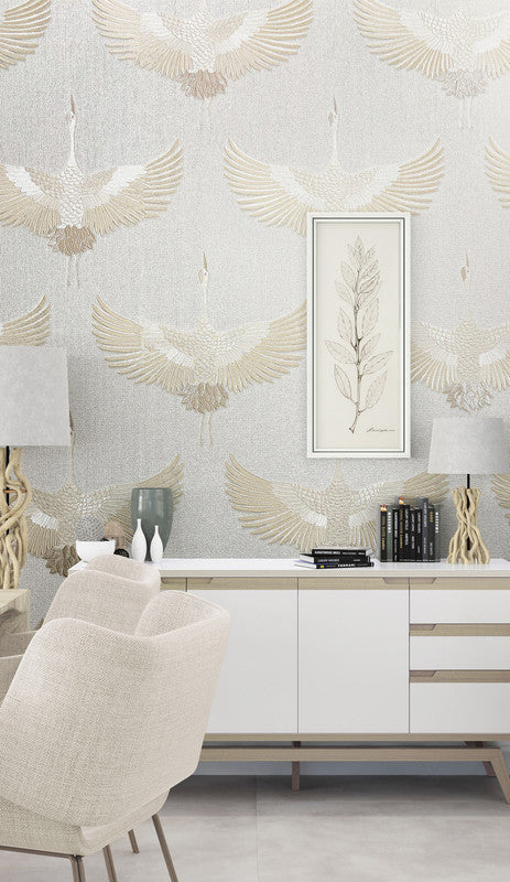 Stork Wallpaper in White/Beige