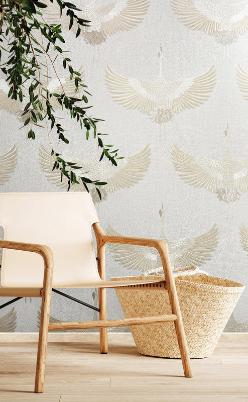 Stork Wallpaper in White/Beige