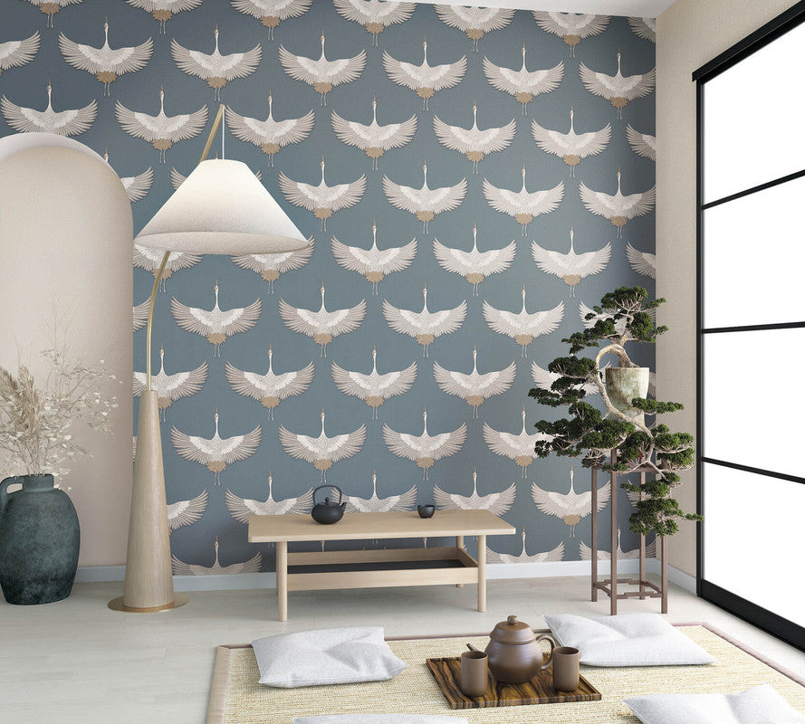Stork Wallpaper in Green/Beige