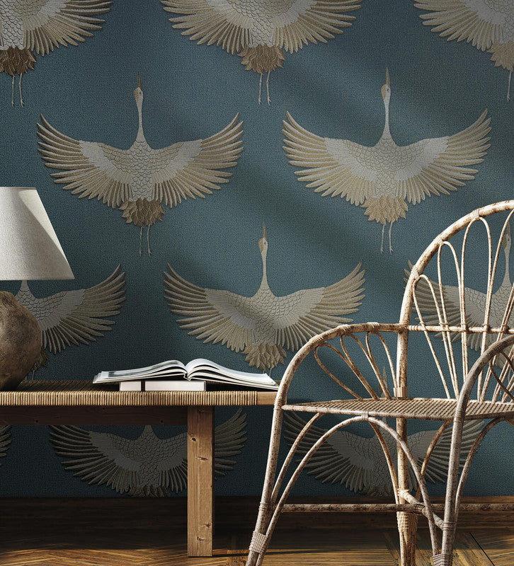 Stork Wallpaper in Green/Beige