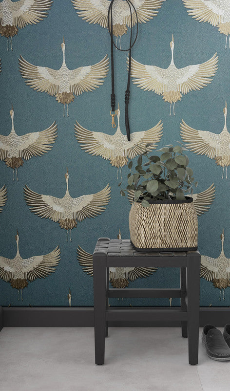 Stork Wallpaper in Green/Beige