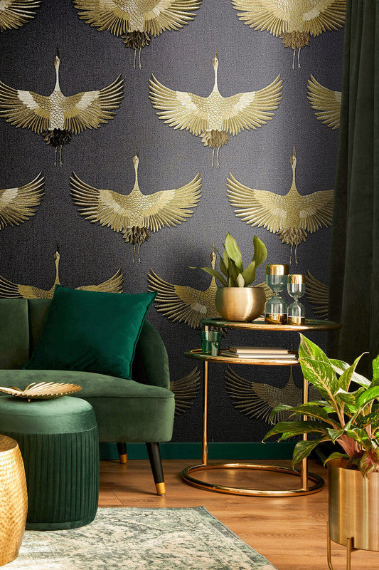 Stork Wallpaper in Black/Gold