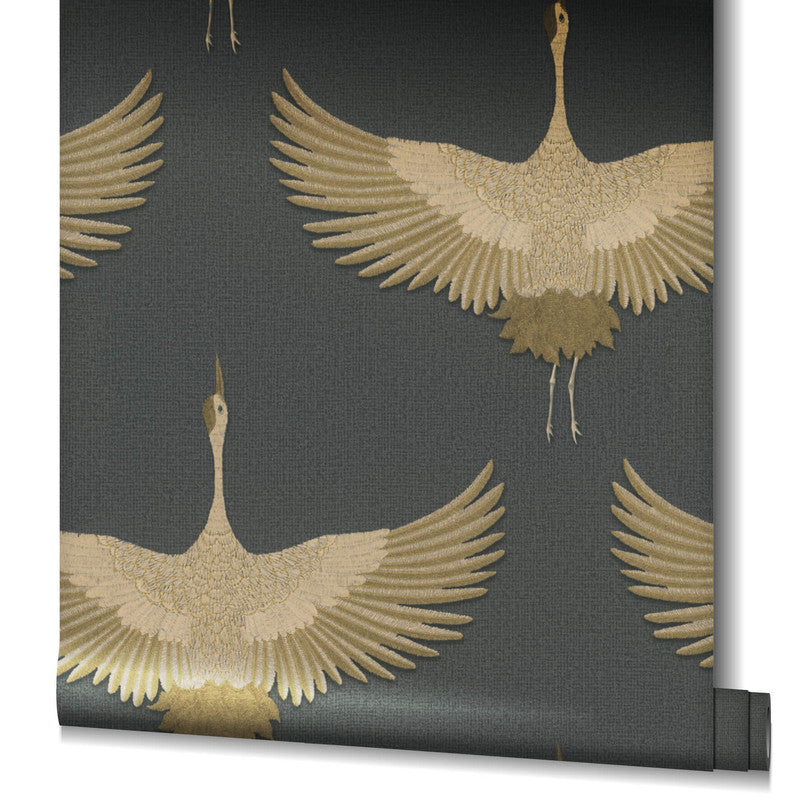 Stork Wallpaper in Black/Gold