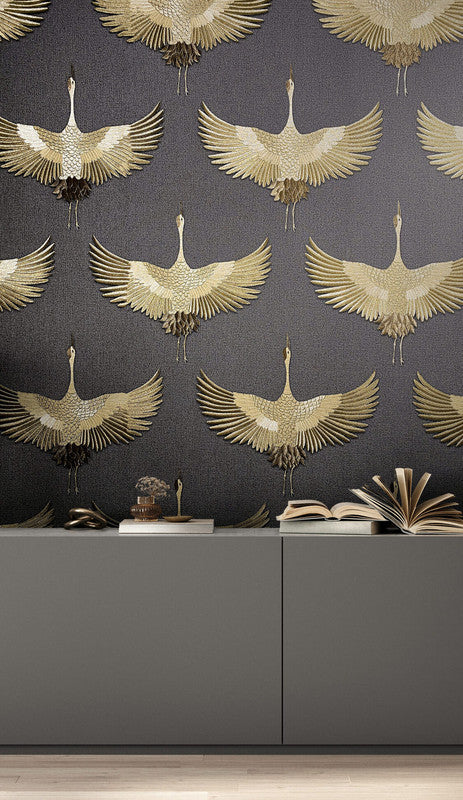Stork Wallpaper in Black/Gold