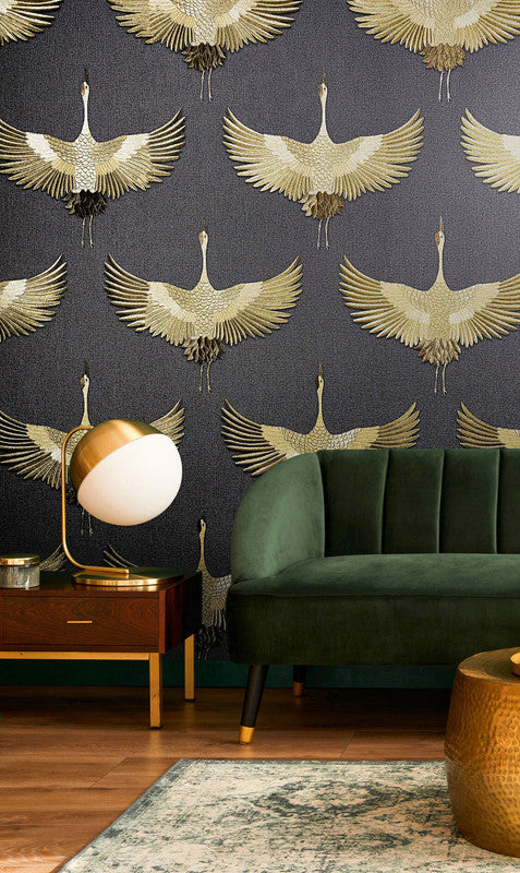 Stork Wallpaper in Black/Gold