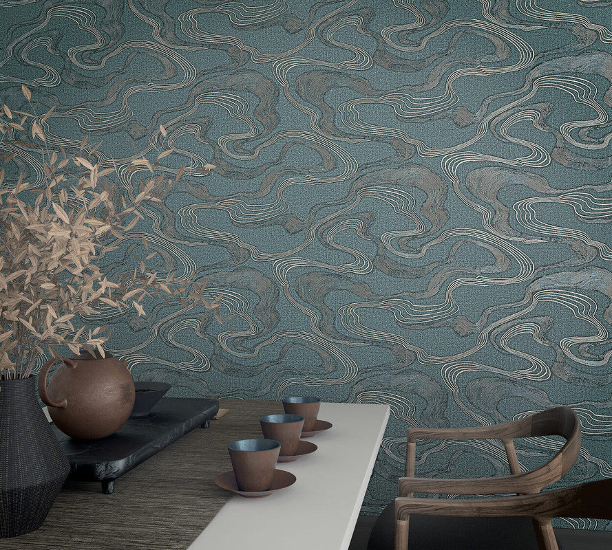 Flow Wallpaper in Green/Rose Gold