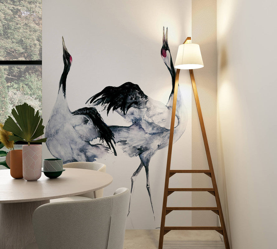 Painted Crane Pair Up Wall Mural in Black/White