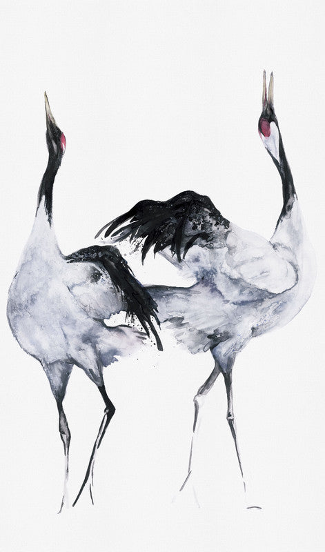Painted Crane Pair Up Wall Mural in Black/White
