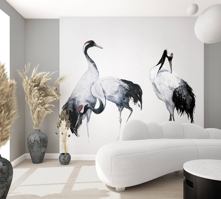 Painted Crane Pair Wall Mural in Black/White