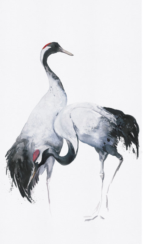 Painted Crane Pair Wall Mural in Black/White