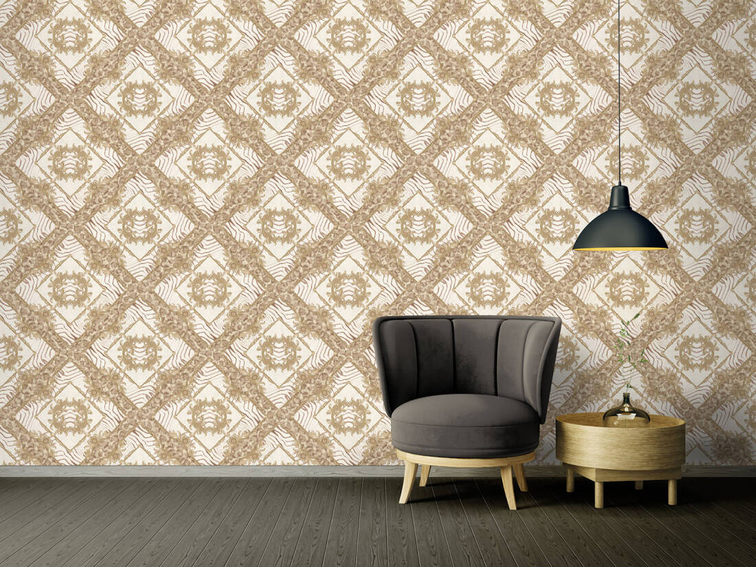 Floral Rhombuses Textured Wallpaper in Beige/Bronze