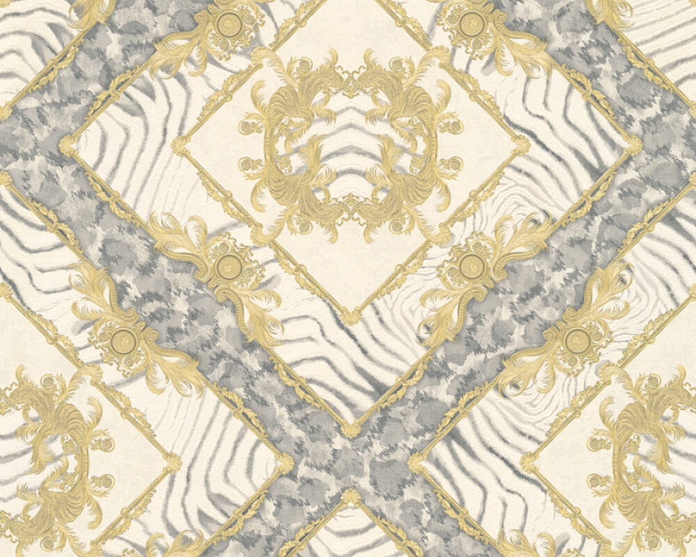 Floral Rhombuses Textured Wallpaper in Cream/Grey/Metallic